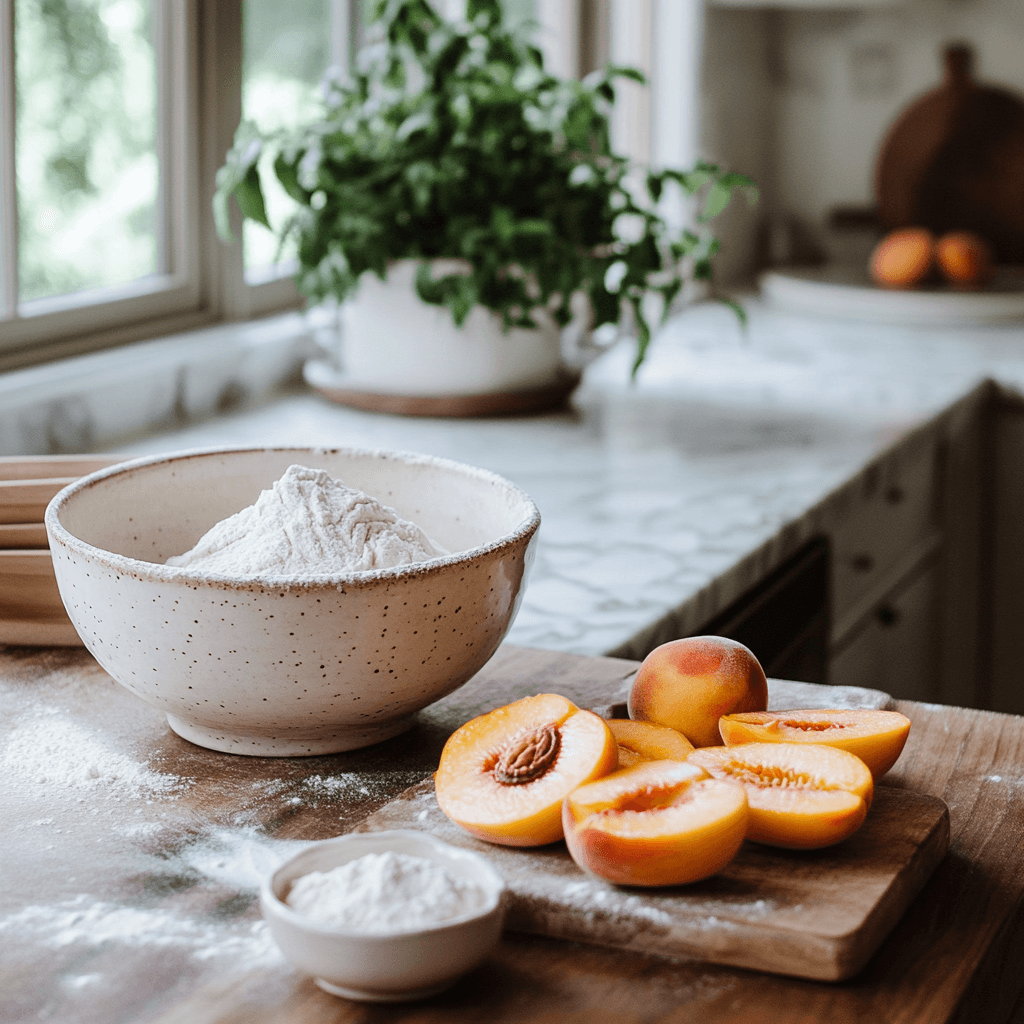maty_recipes_A_rustic_kitchen_countertop_with_ingredients_for_8c01da59-e950-4301-91f7-c737dd168b41_0 Peaches and Cream Cake